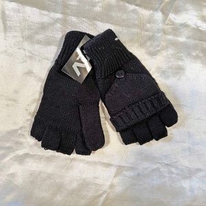 GLOVES, WITH FOLD-OVER MITTS, BLACK, ACRYLIC, ONE SIZE, TAGS ON, NEVER WORN,
